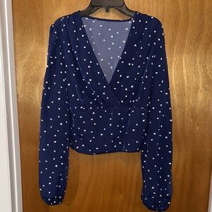 SHEIN Deep Blue Heart Pattern Cropped Blouse